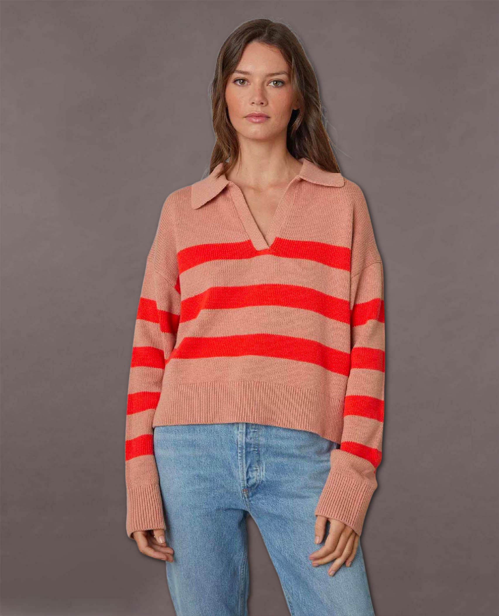 Striped Cotton Cashmere Sweater Pink Flame