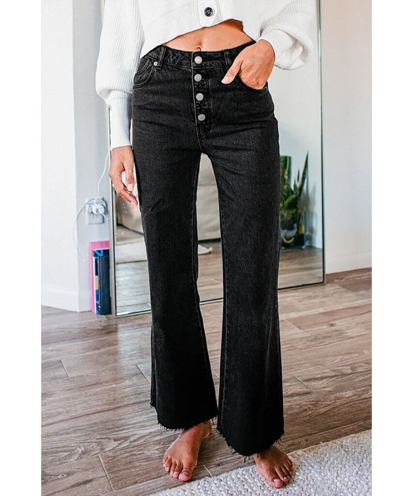Spanx - Black Wash Denim Cropped Flare Jeans with Raw Hem