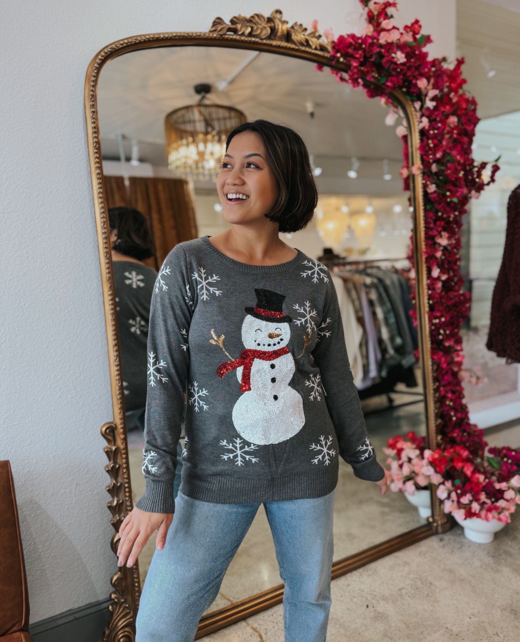 Sequin Snow Day Snowman Christmas Sweater Gray