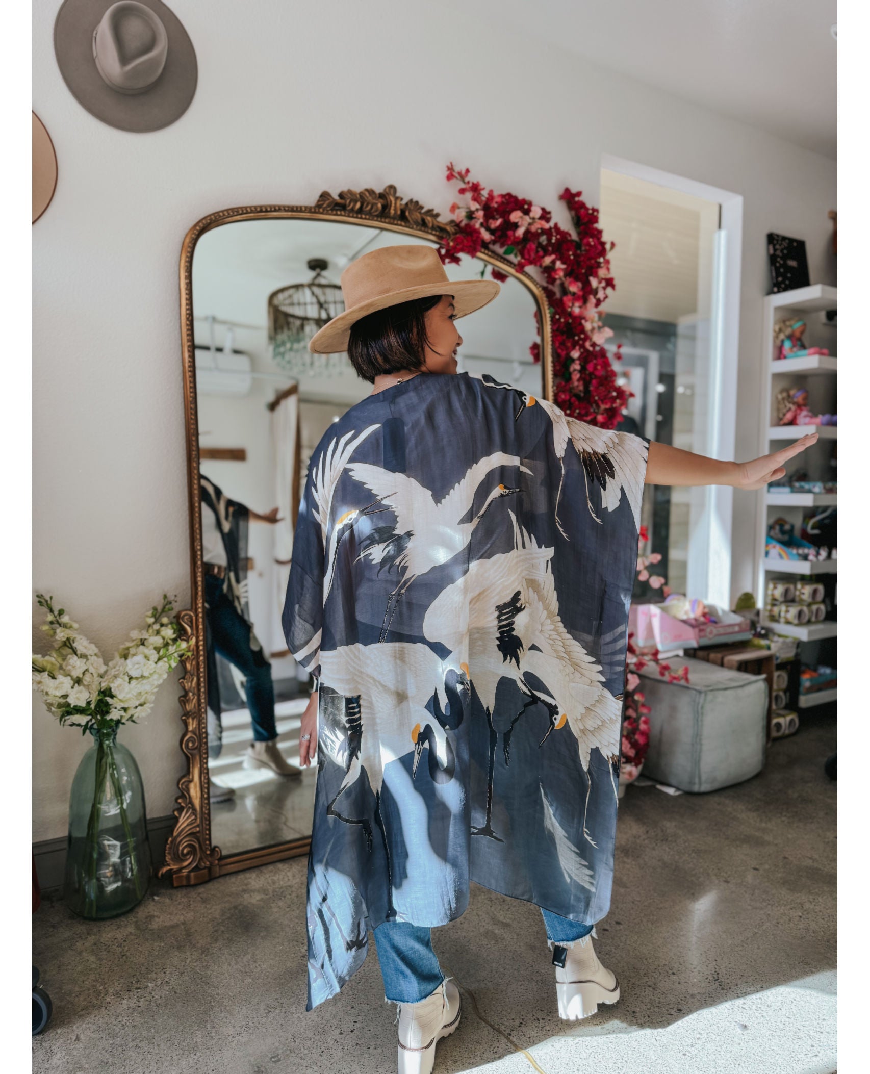Heron Charcoal Print Medium Kimono