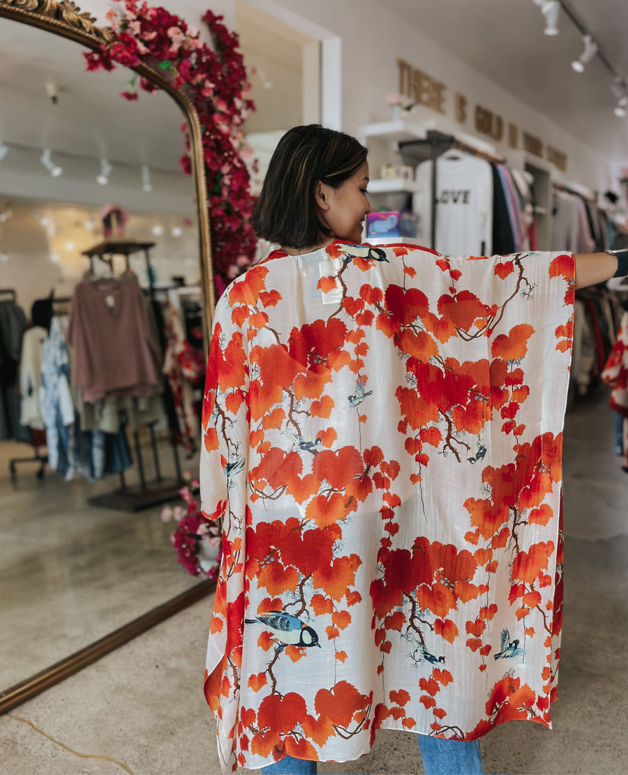 Blossom Branch Print Medium Red Kimono