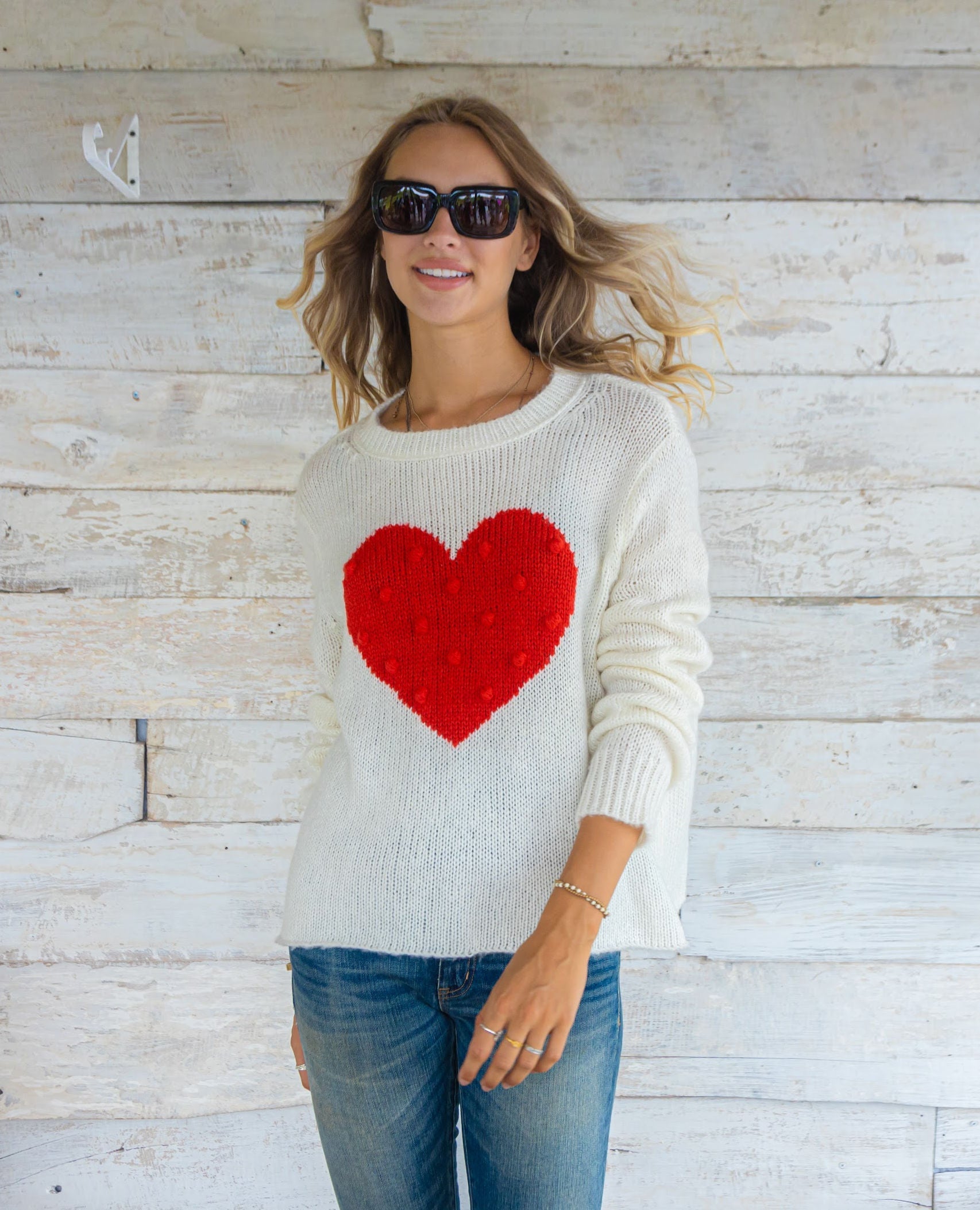 Red Popcorn Heart Ivory Sweater