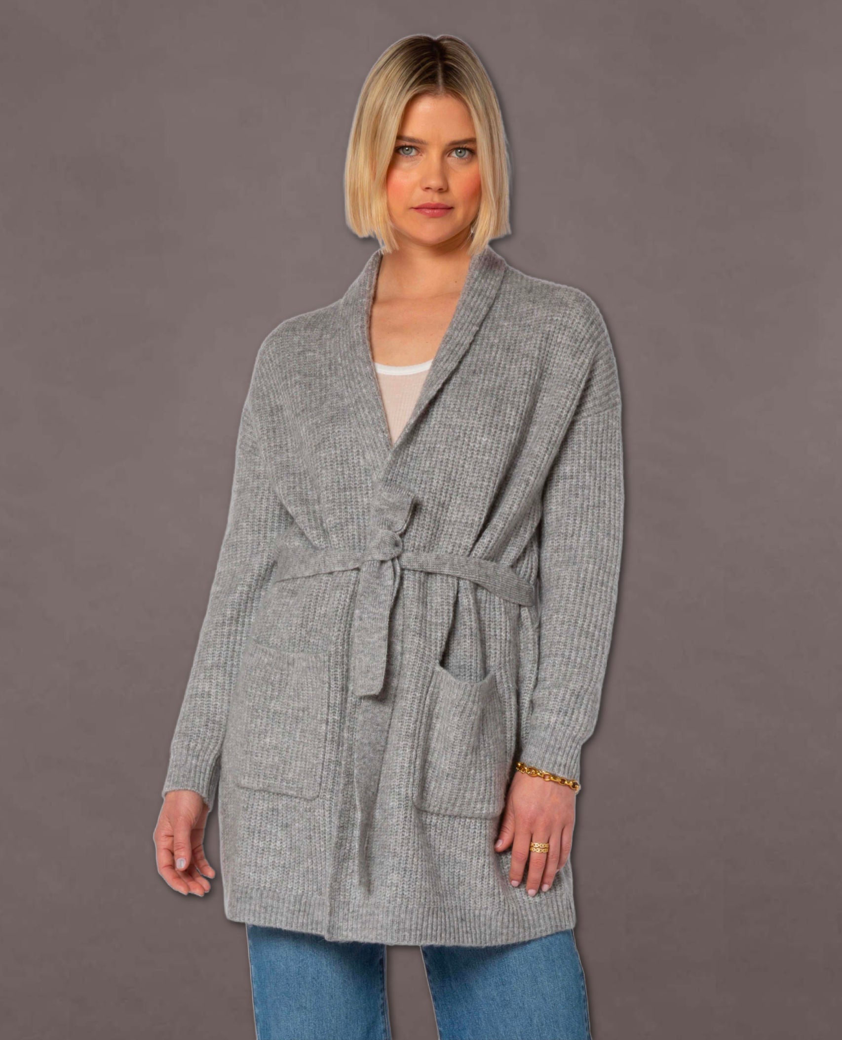 Landon Long Sleeve Open Cardigan Sweater with Tie Belt and Patch Pockets