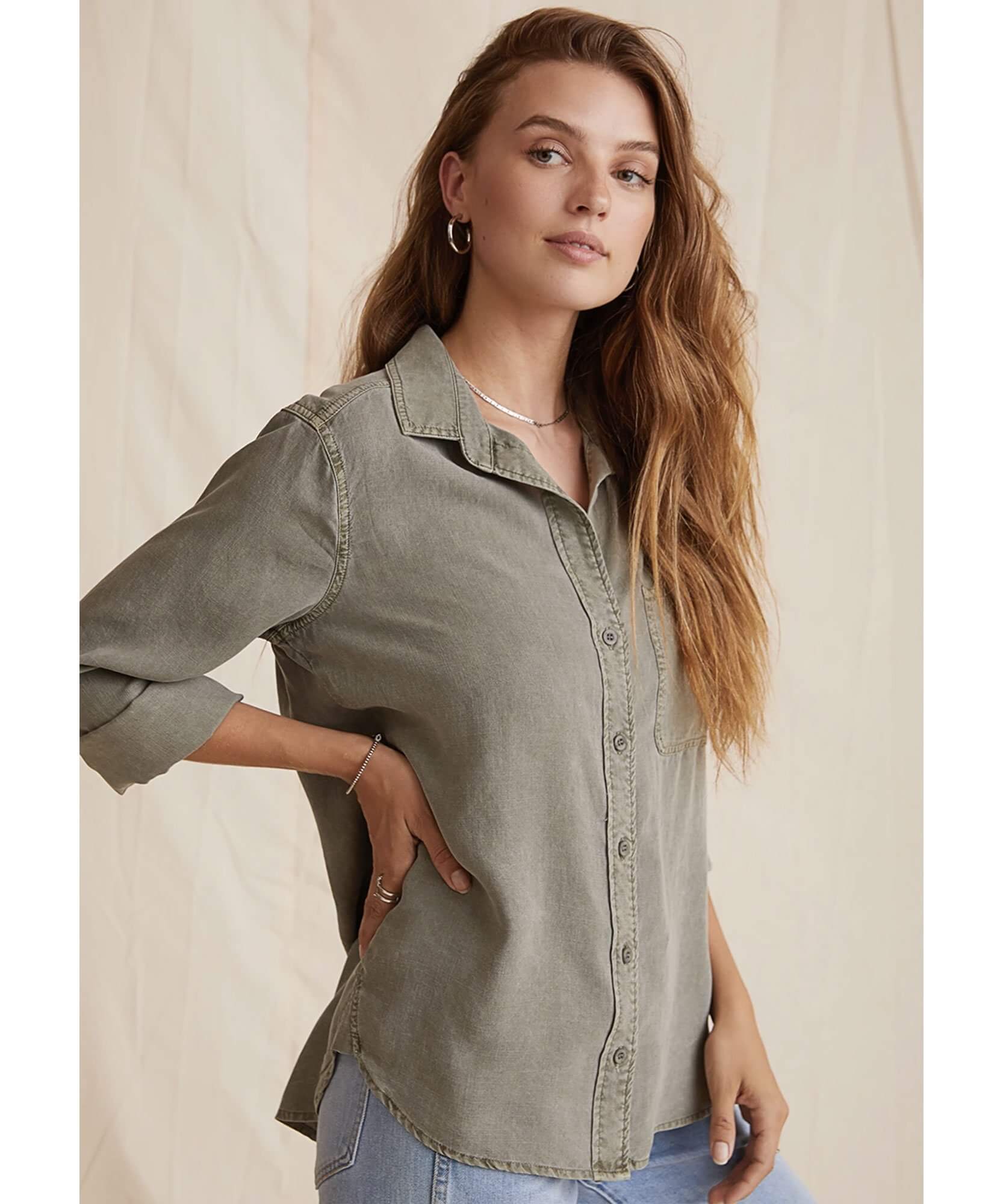 Classic Button Down Roll Up Sleeve Army