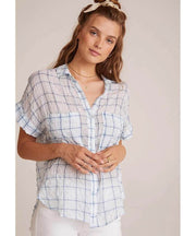 Rolled Short Sleeve Button Down Blue Plaid