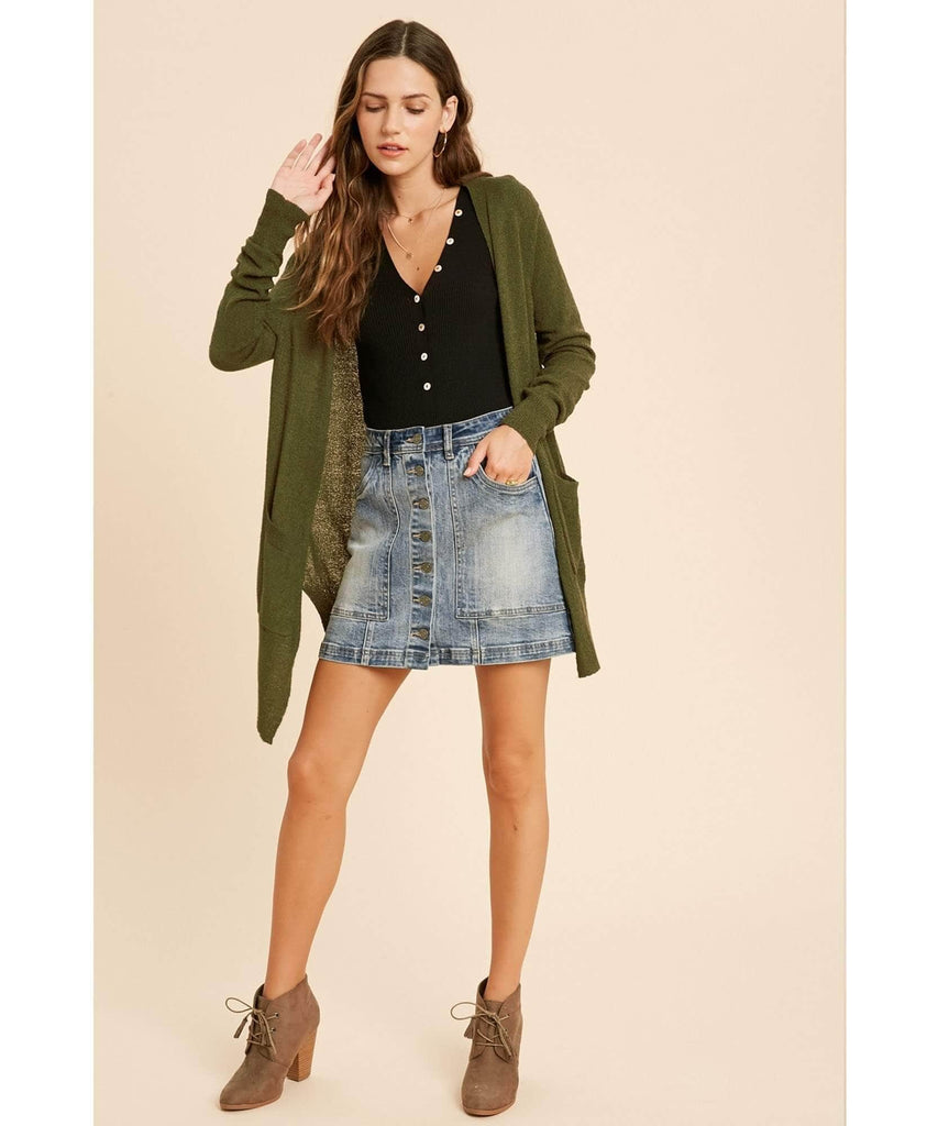 Olive Boucle Cardigan With Pockets