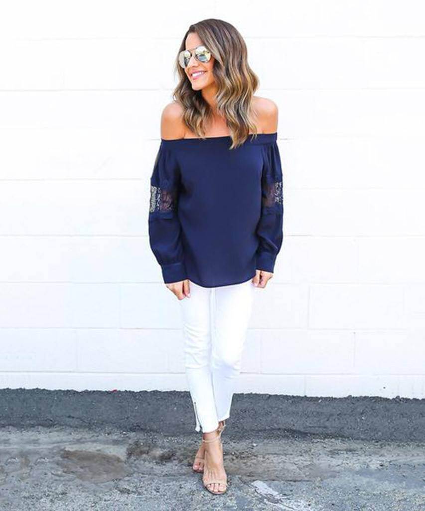 Carly Off The Shoulder Navy  Long Sleeve, Pink Arrows,- Pink Arrows Boutique