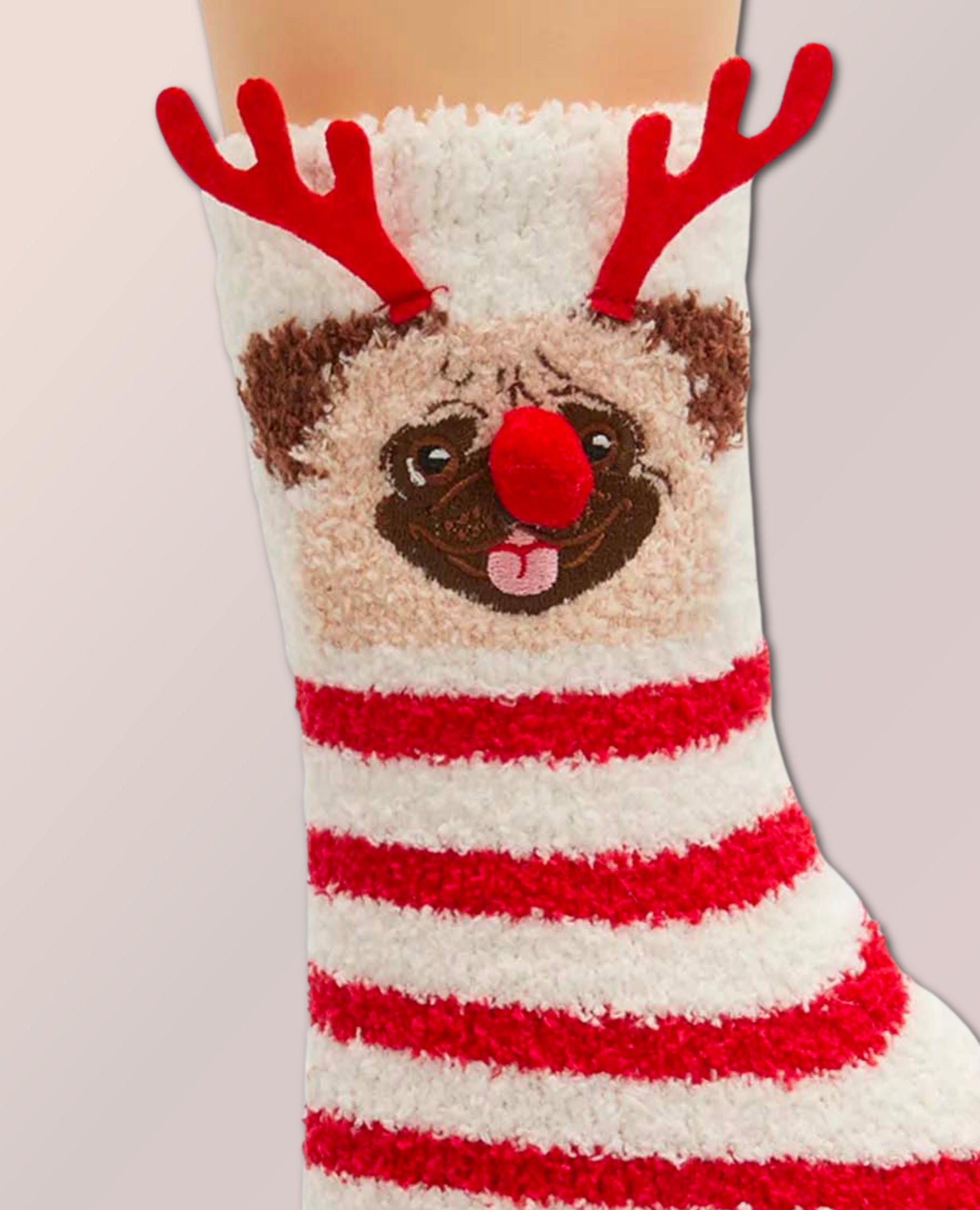 Striped Pug Fuzzy Christmas Socks