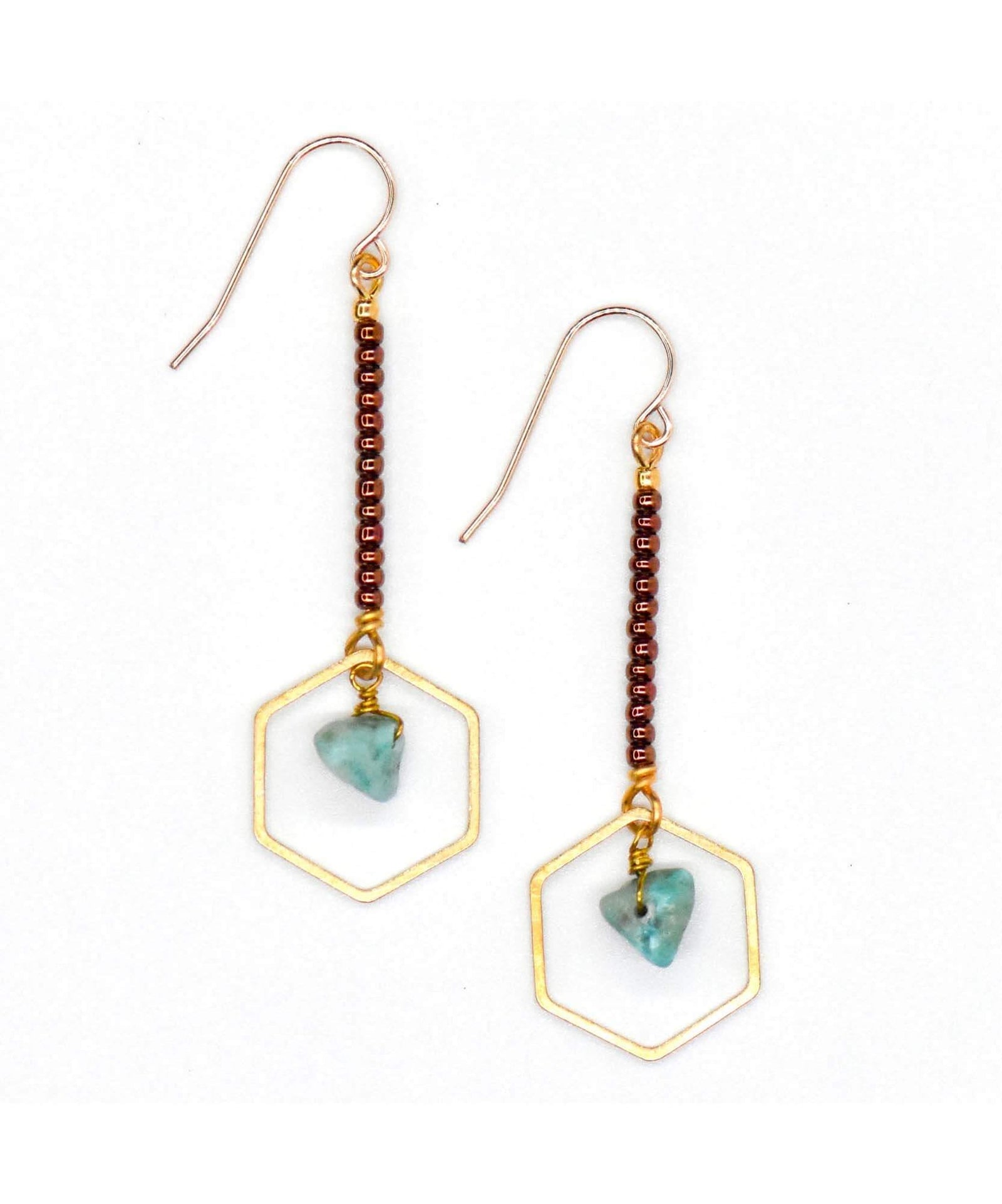 Hexagon Drop Earring Metallic Copper Turquoise