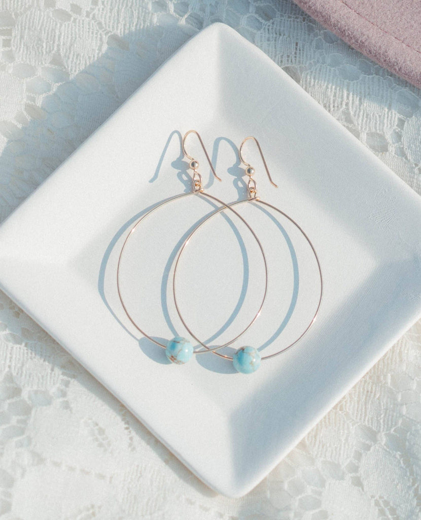Large Bead Hoops Earrings Icy Turquoise Gold
