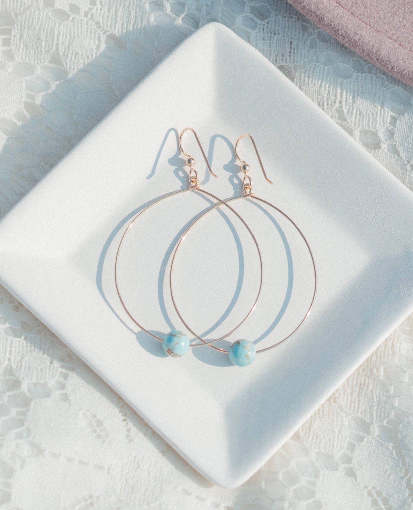 Large Bead Hoops Earrings Icy Turquoise Gold