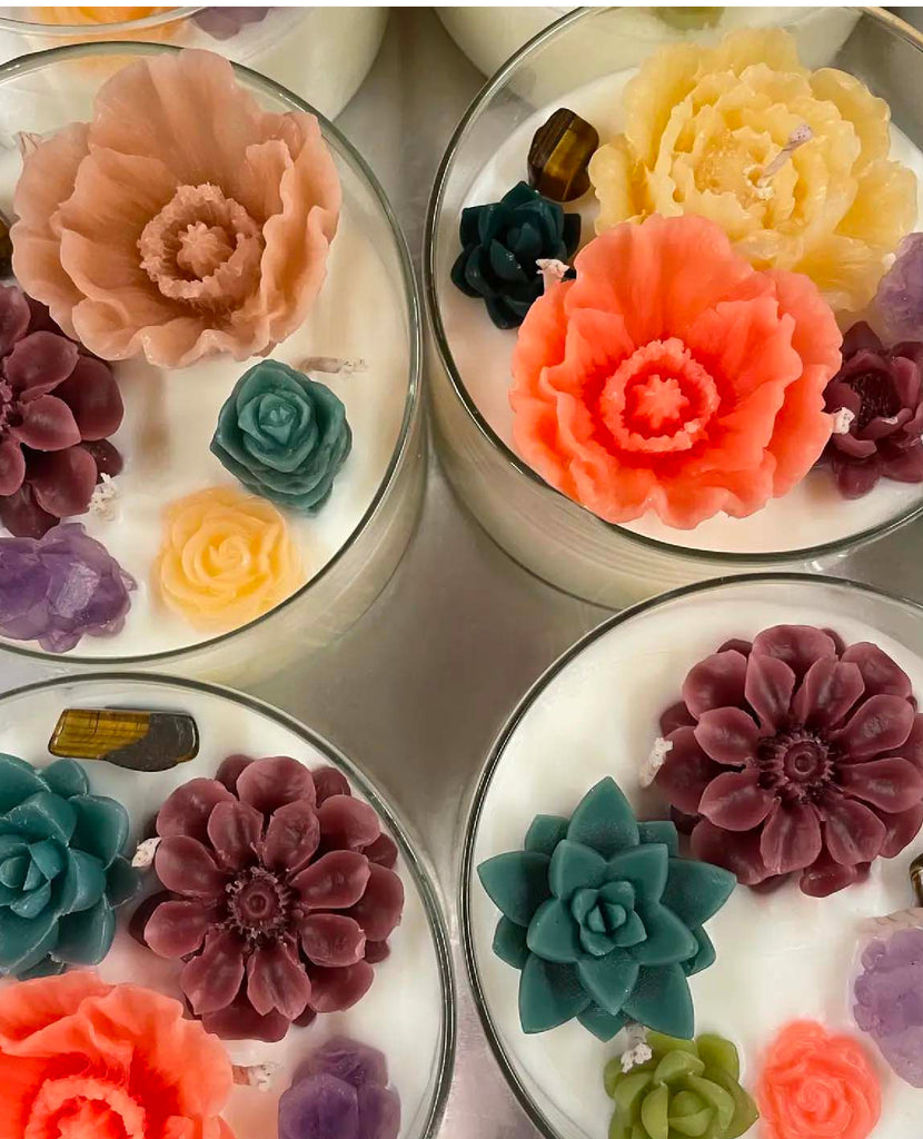 Bliss Soy Candles in Glass Votive w/ Flowers + Gemstones