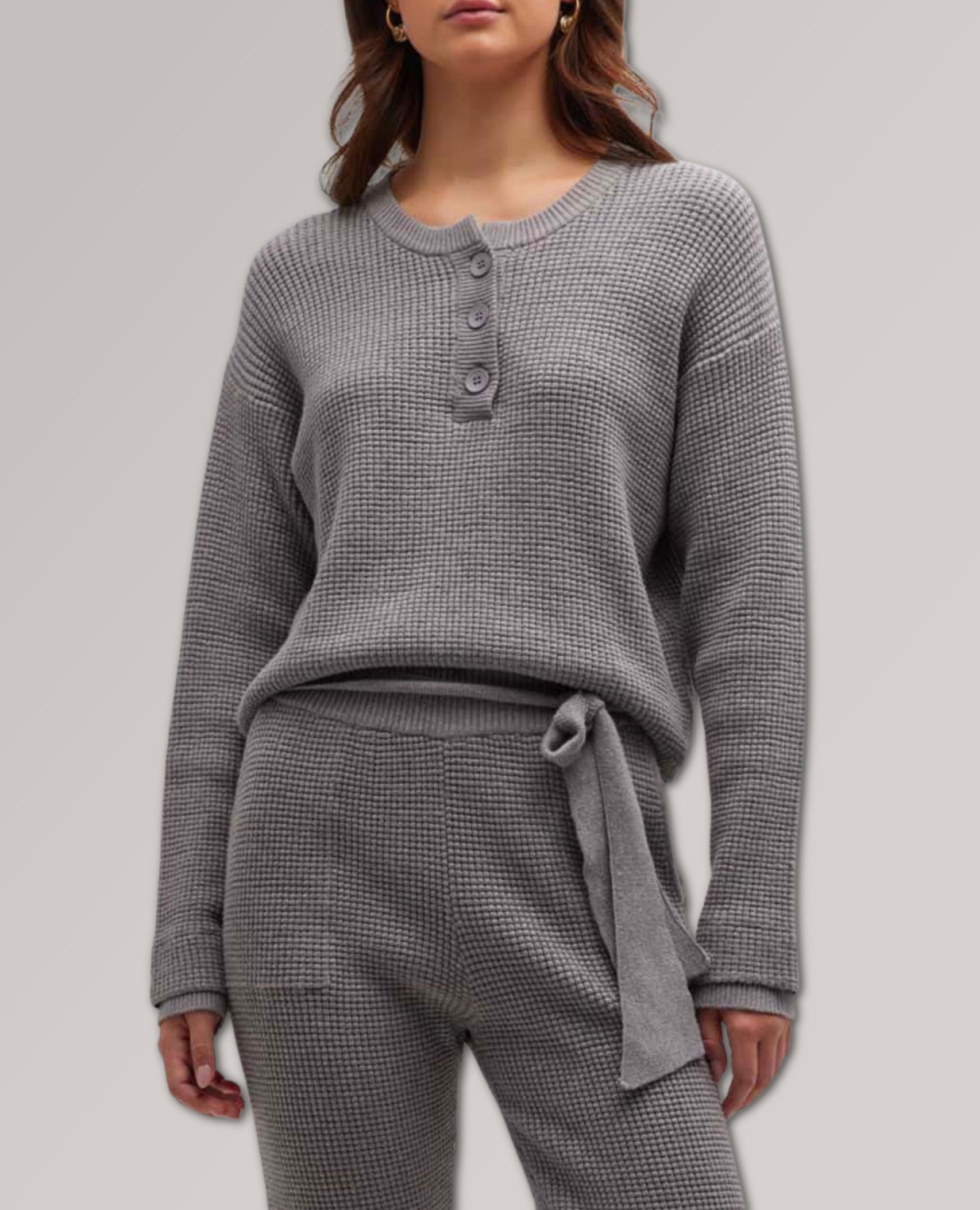 Supersoft Sweater-Knit Waffle Henley Top Dark Heath